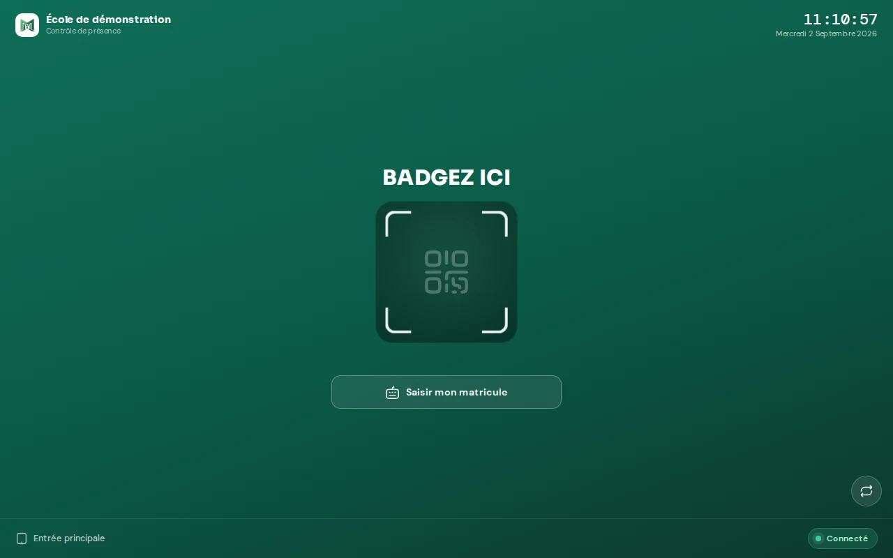 Écran de la tablette Miwa : Badgez ici, scan du QR code ou saisie du matricule